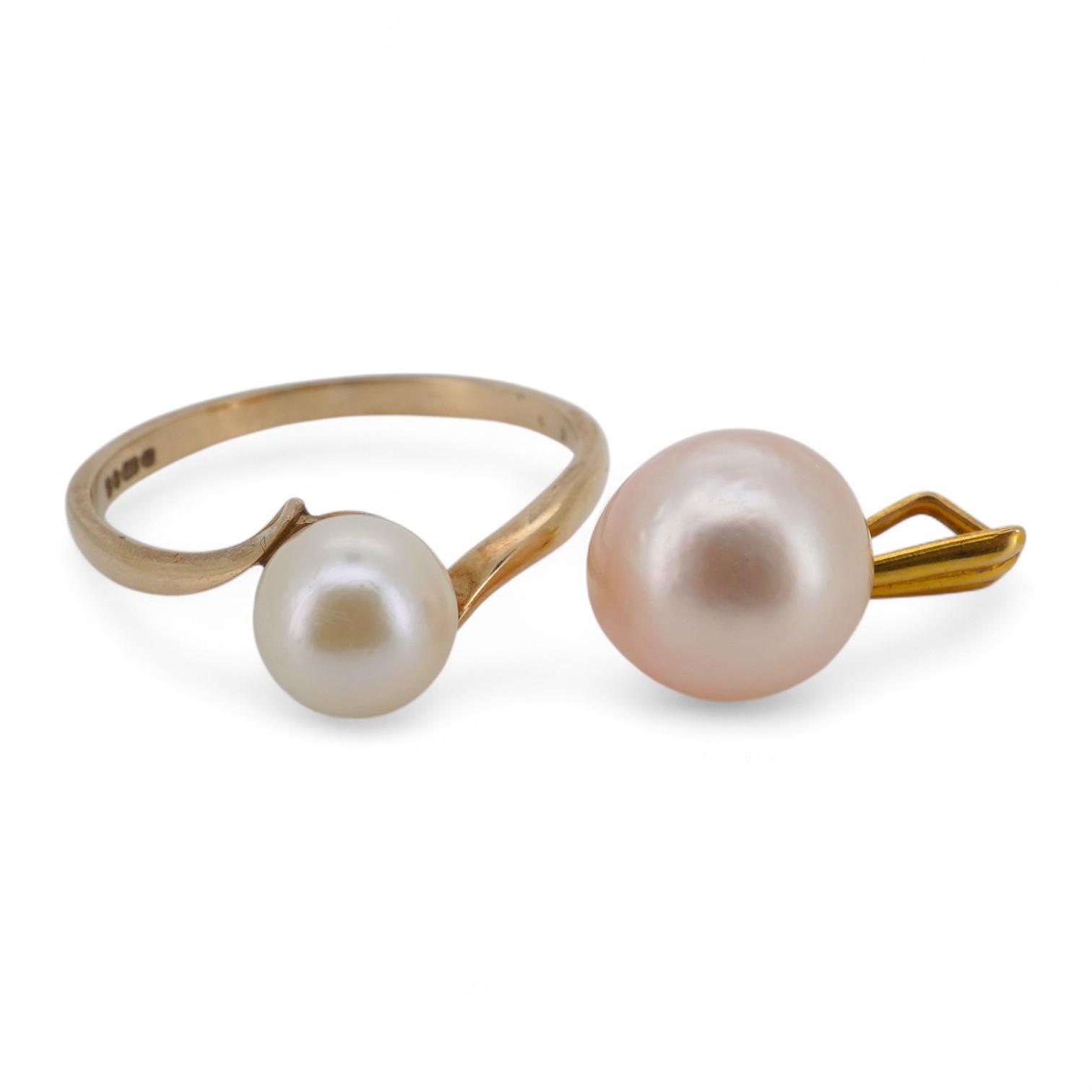 A cultured pearl ring and pendant, each set with a cultured pearl, the ring in 9ct gold, size N1/2, British hallmarks, gross weight approximately 1.5 grams, pendant length 1.7cm